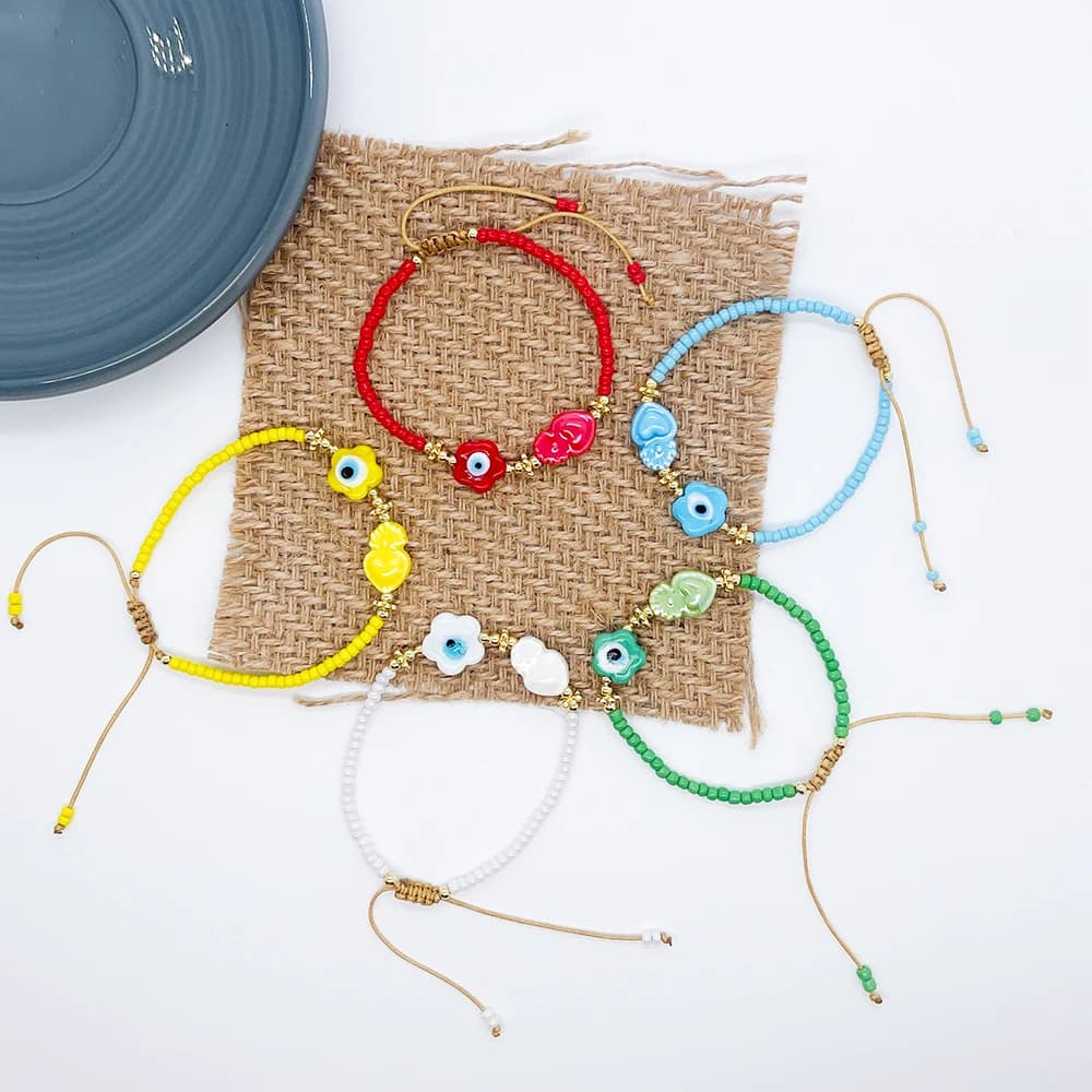 Braccialetto con perline a forma di fiore e occhio di Allah KKBEAD, perline colorate, regolabile, fatto a mano, stile Boho, gioiello dell'amicizia, regalo estivo da donna per la spiaggia