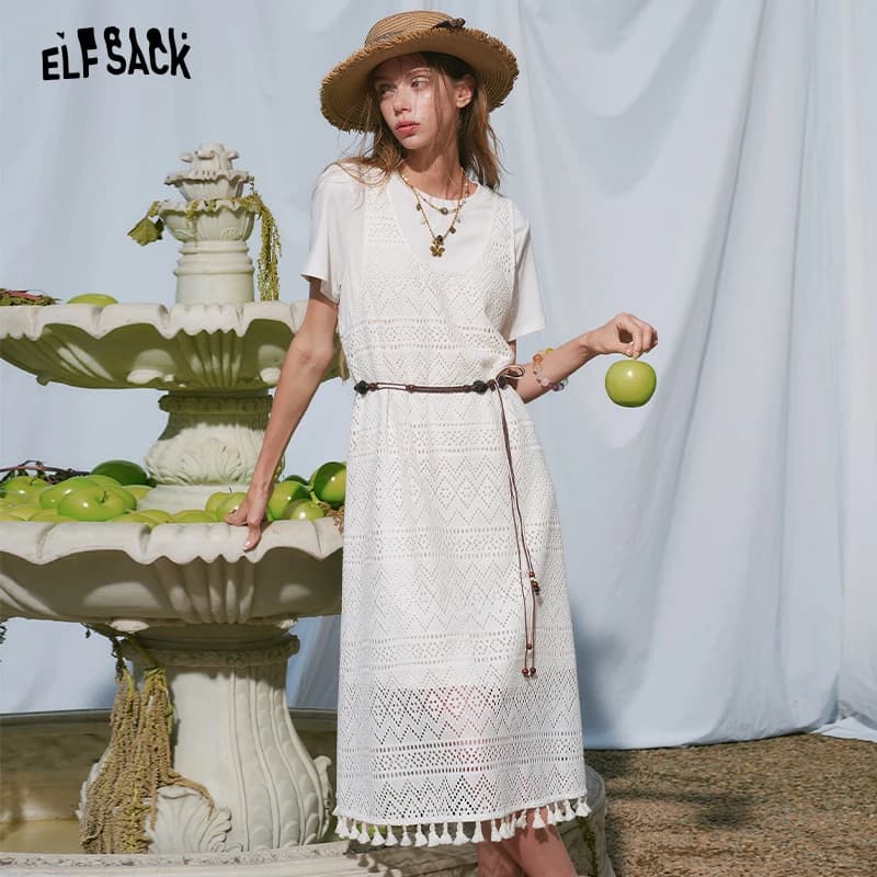 ELFSACK Women's T-Shirt with Hollow Out Lace Dress Set, Basic White Short Sleeve Tee and Crochet Slip Dress, Boho Suit