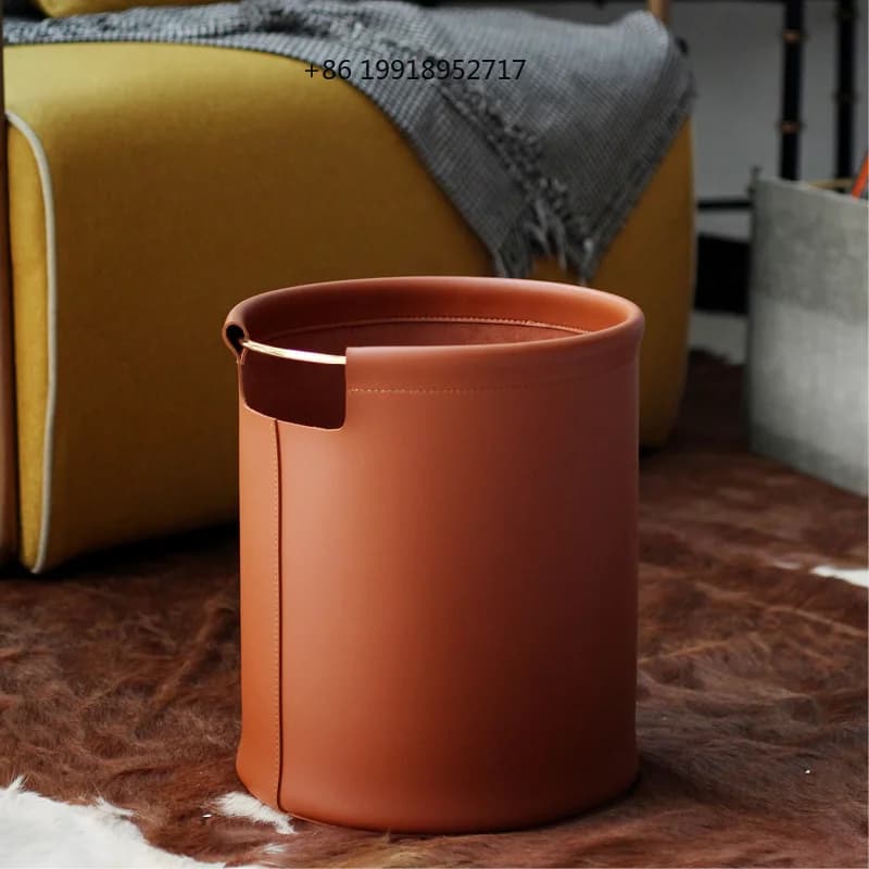 Brown Leather Storage Bin, Luxury Living Room Wastebasket, Bedroom Laundry Hamper, Walk- In Closet, Storage Basket Closet JJ156