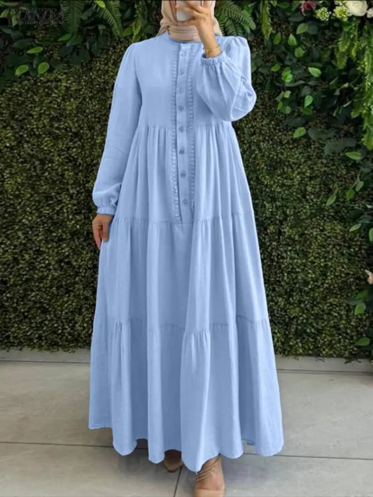ZANZEA 2026 Abiti Primaverili Larghi alla Moda, Abaya Musulmana, Elegante Vestito Lungo da Lavoro a Maniche Lunghe, Maxi Abito Lungo da Donna, Kaftan