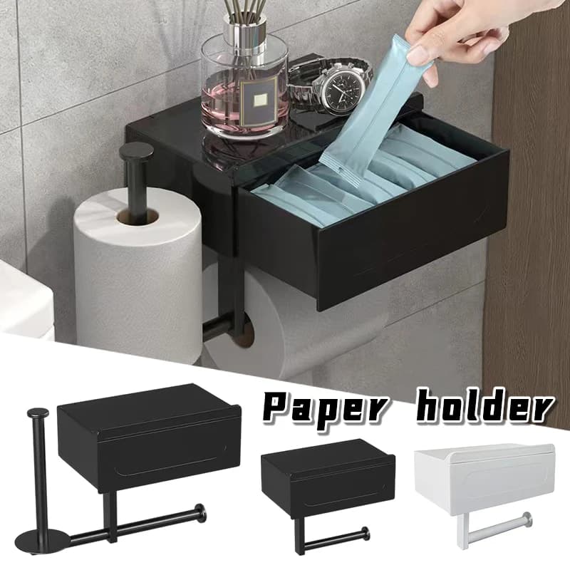 Portarotolo da bagno con mensola e vano portaoggetti, dispenser a parete per salviette umidificate, organizer salvaspazio