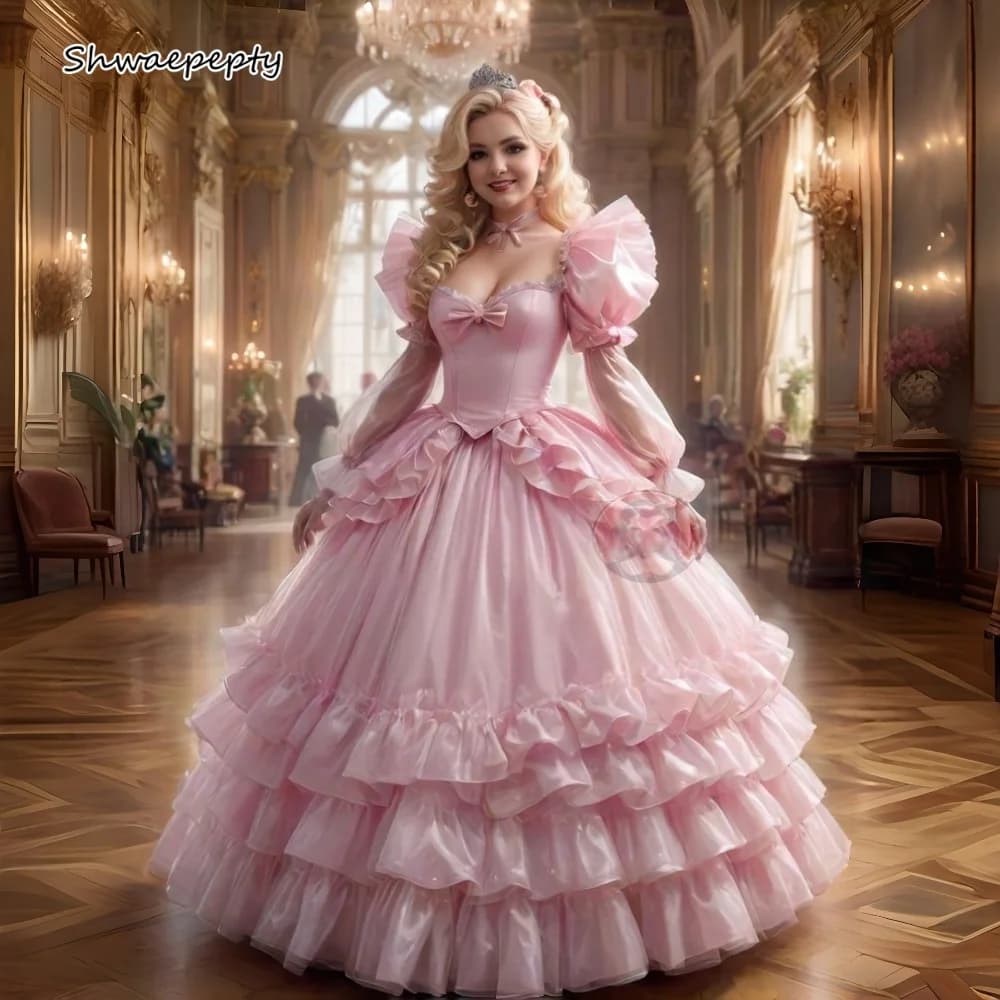 Abito da ballo medievale rinascimentale da principessa, maniche a sbuffo, volant, lunghezza del pavimento, abito da ballo, abiti da sera rosa cipria, costume personalizzato