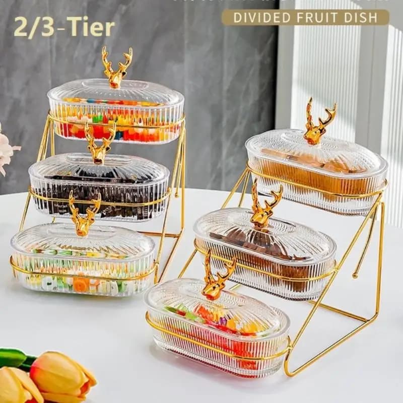3d Design Serving Bowl Serving Tray Organizer Elegant 3-tier Dried Fruit Nut Display Tray With Stylish Elk Lid Nordic For Fruits