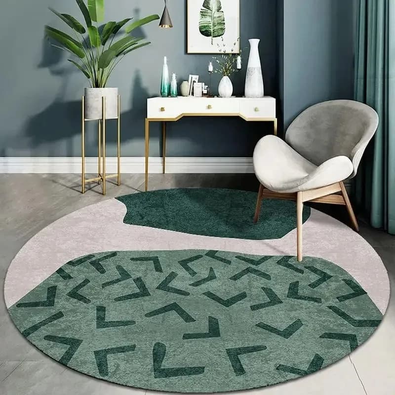 Nordic Boho Round Carpet, Muted Green Beige Patchwork Abstract Arrow Geometric Print, Large Area Rug for Living Room Bedroom