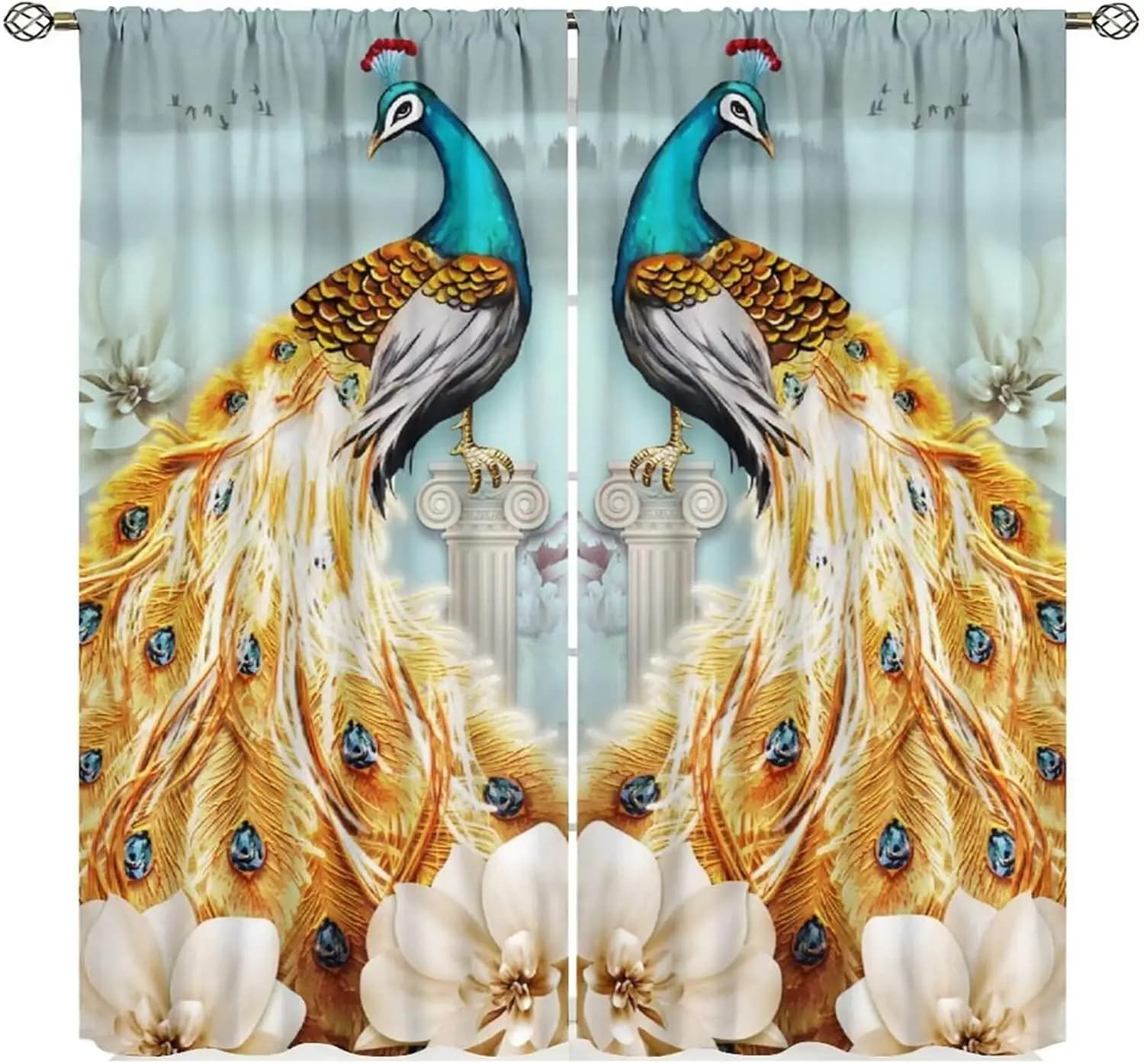 Golden Peacock Curtains,Retro Fantasy Animals Butterfly Floral Art Printed Window Drapes for Bedroom Living Room Kitchen