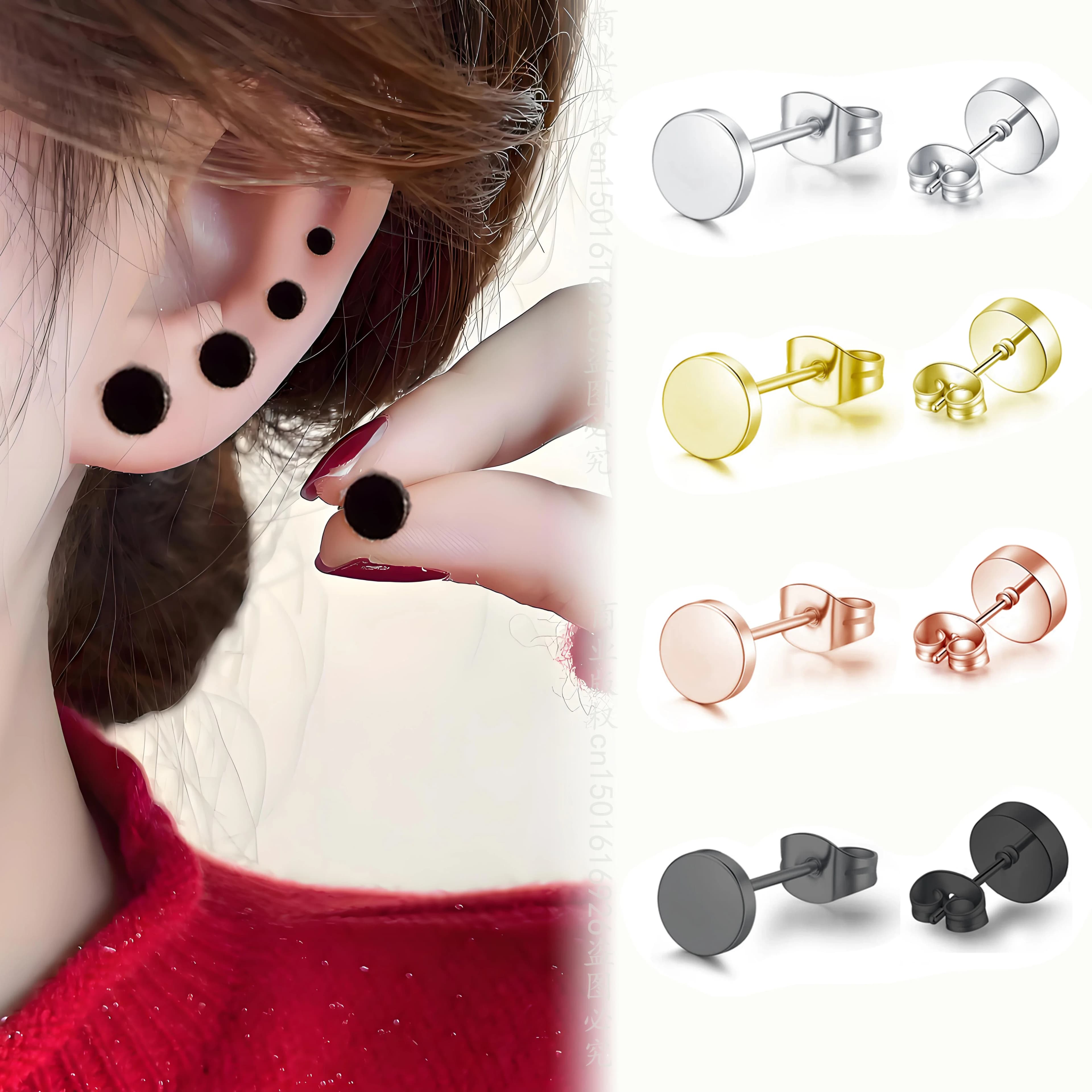 Unisex Round Black New Stainless Steel Ear Studs Golden Rose Silver Color Punk Push Back Stud Earrings For Women Men Size 3-10MM