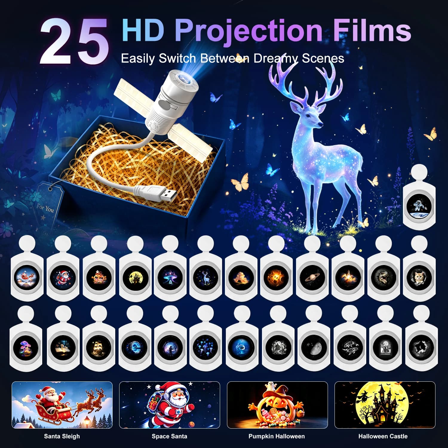 Mini Satellite Projector Night Light,Christmas&Halloween Theme,25 HD Swapable Slide Films,Ceiling Decor for Bedroom,Kids Gift