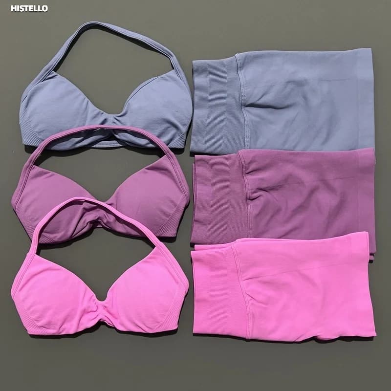 HISTELLO Gym Set 2 Piece Women Strappy Yoga Bra Top Workout Scrunch Shorts Sports Suit Fitness Clothes Seamless Yoga Set