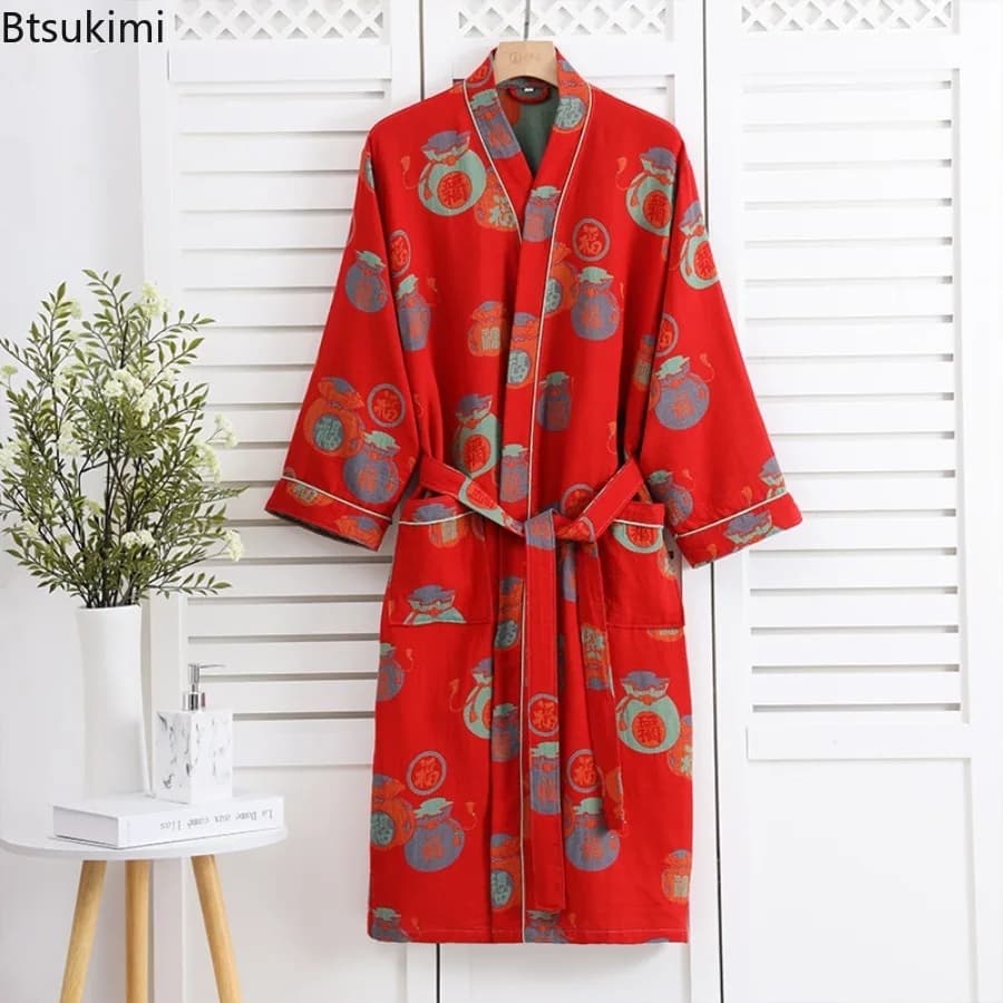 2026 Couple's Nightgown Pure Cotton Double-layer Gauze Bathrobe for Couples Cotton Sleepwear for Men and Women Absorbent Yukata