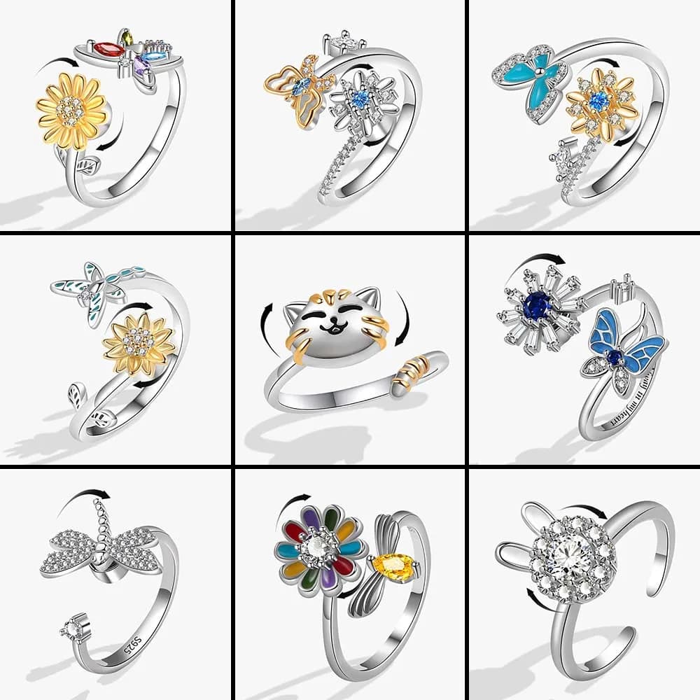 Anello di filatura di sollievo dall'ansia di cristallo di moda per la ragazza anelli rotanti di nozze di fiori di farfalla di rame Fidget Metal Spinner