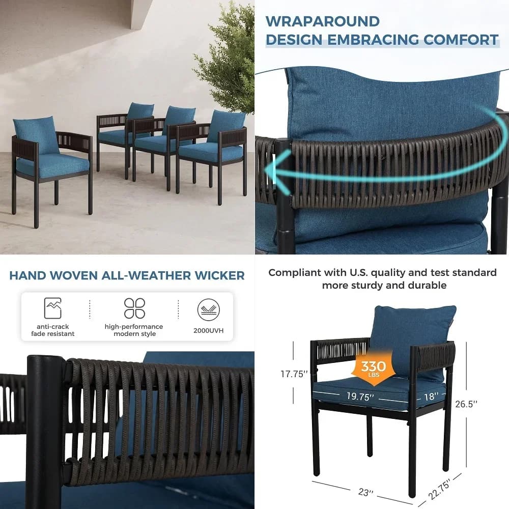Set di 4 sedie da pranzo per esterni, 4 sedie da pranzo per patio, sedie fisse in vimini intrecciato in metallo con cuscini blu pavone