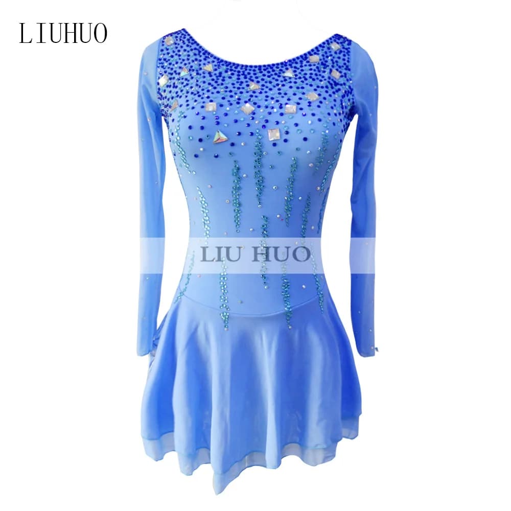 LIUHUO Costume da Ginnastica Artistica per Donne e Ragazze, Abito per Competizioni di Pattinaggio su Ghiaccio, Costume da Danza a Maniche Lunghe, Blu Cielo
