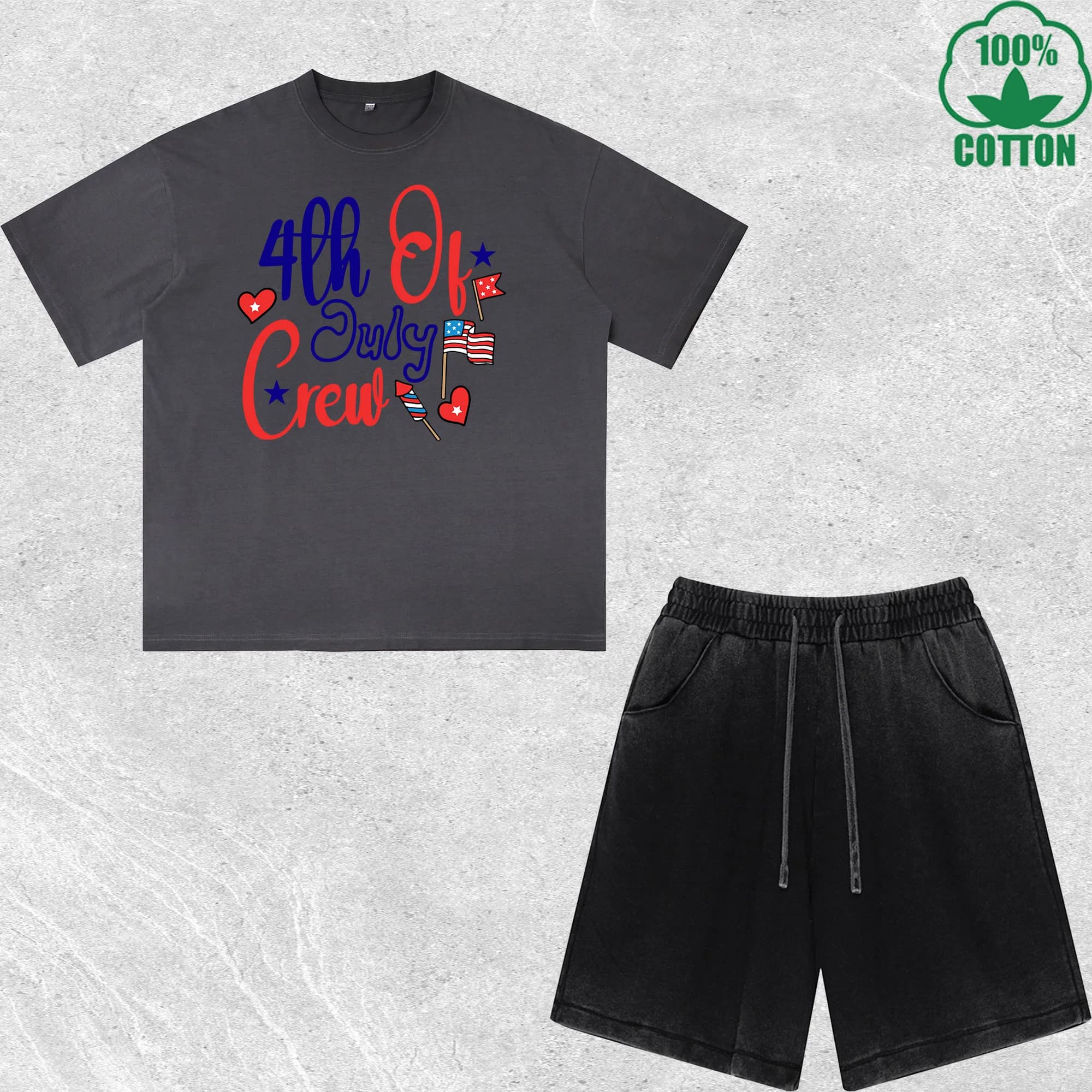 Set T-Shirt e Pantaloncini Stampati per il Giorno dell'Indipendenza, Effetto Lavato, Multicolore, Stile Trendy, 100% Cotone