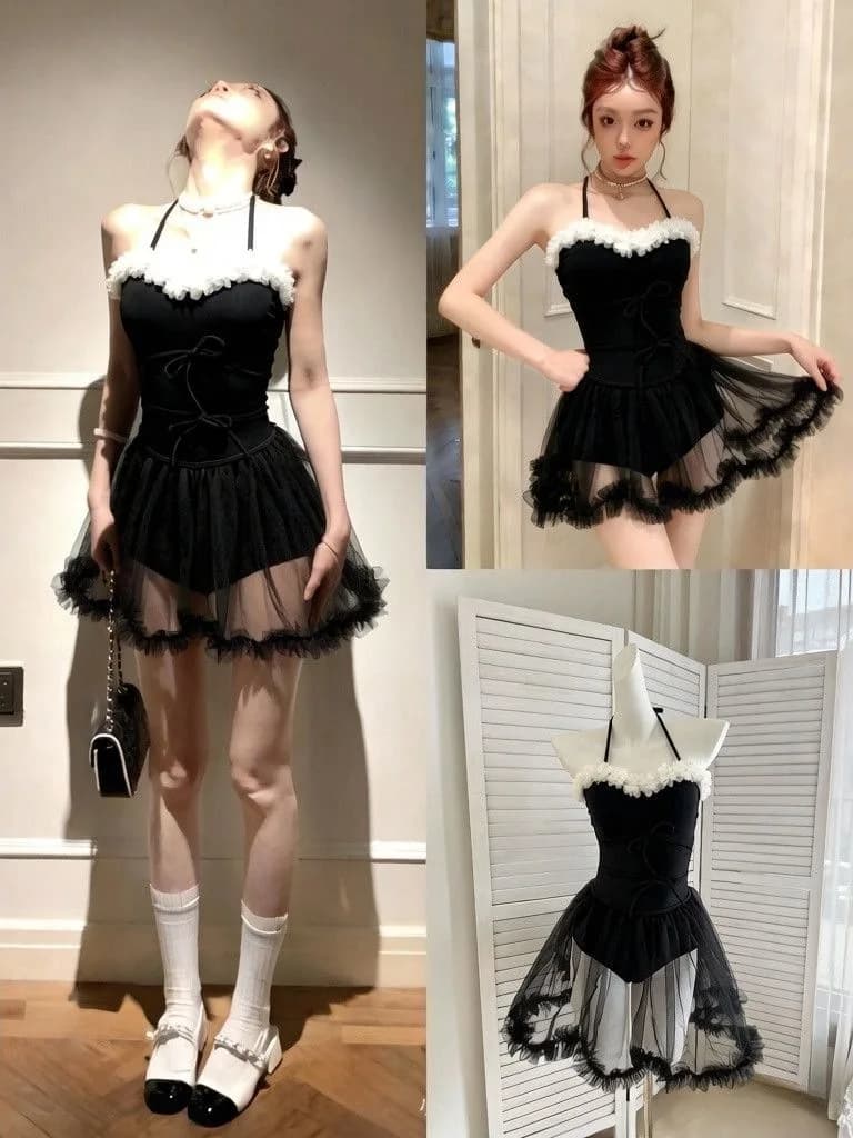 Costume da bagno modellante in pizzo con maniche a bolle, termico, sexy, nero, da donna, per sport e fitness