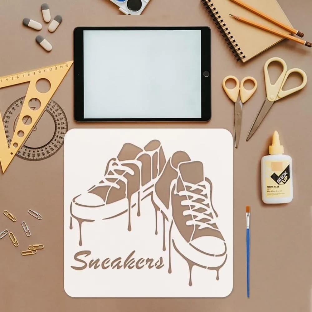 Graffiti Shoes Stencils with a Paint Brush 11.8x11.8 Inch Reusable Sneakers Pattern Stencils PET Shoes Decoration Stencil
