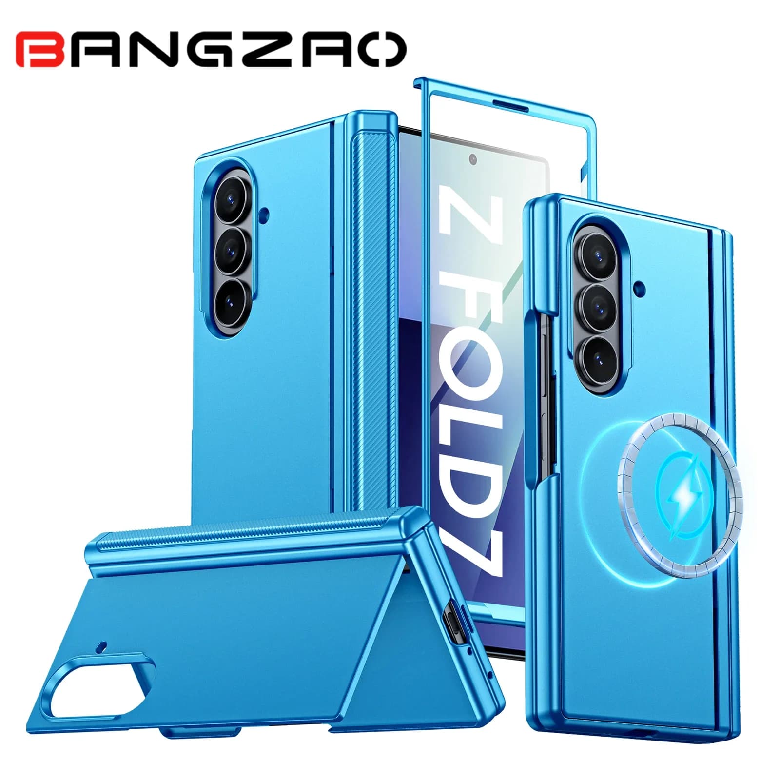 Custodia Magnetica per Samsung Galaxy Z Fold 7 con Cavalletto Nascosto, Protezione Schermo in Vetro 9H Integrata e Protezione Cerniera - Azzurro