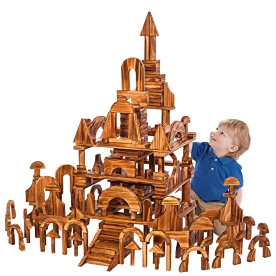 Set di Grandi Blocchi da Costruzione in Legno Carbonizzato Vintage per Bambini 3-12 Anni, 67 Pezzi, 8,5 kg, Grandi Giocattoli Sensoriali in Legno per Esterni