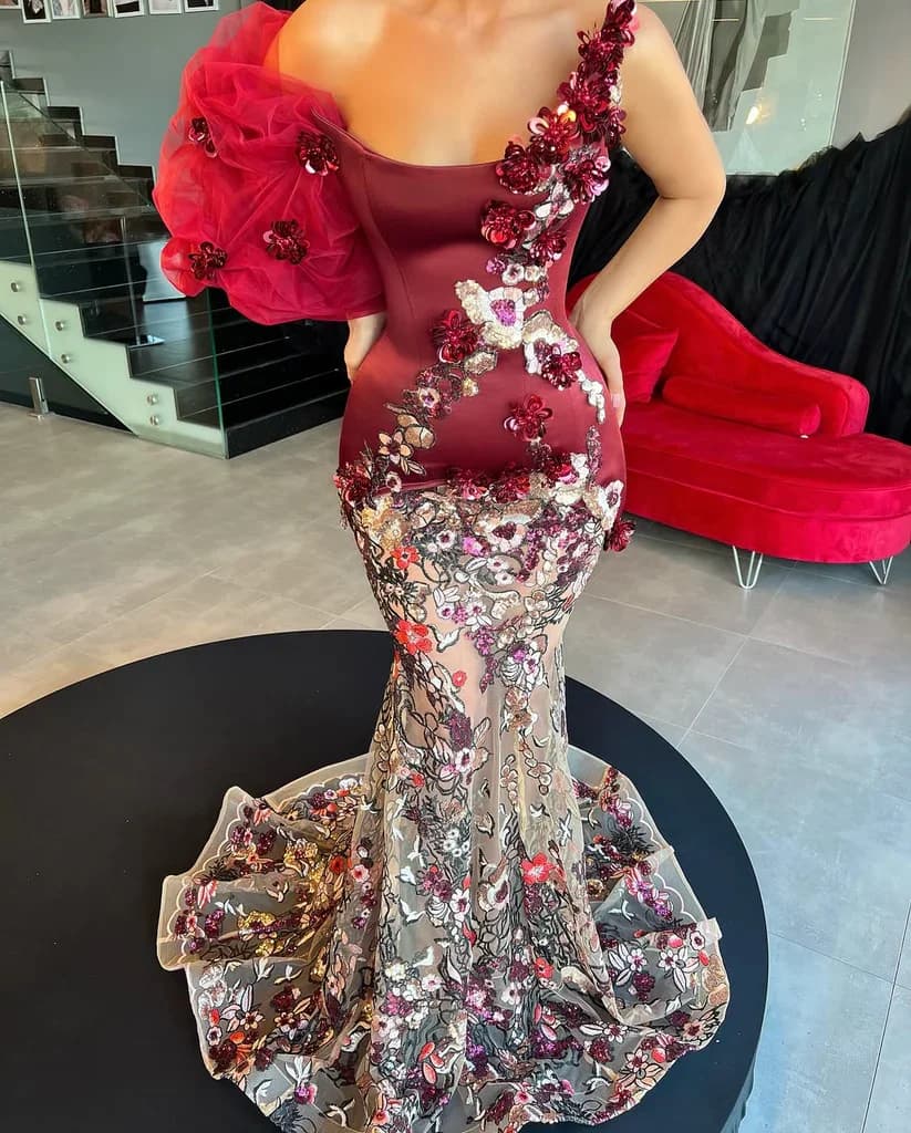 Abiti da ballo bordeaux Haute Couture Sirena pizzo floreale Arabia Saudita Dubai Robe De Soiree Abito da sera Abito personalizzato