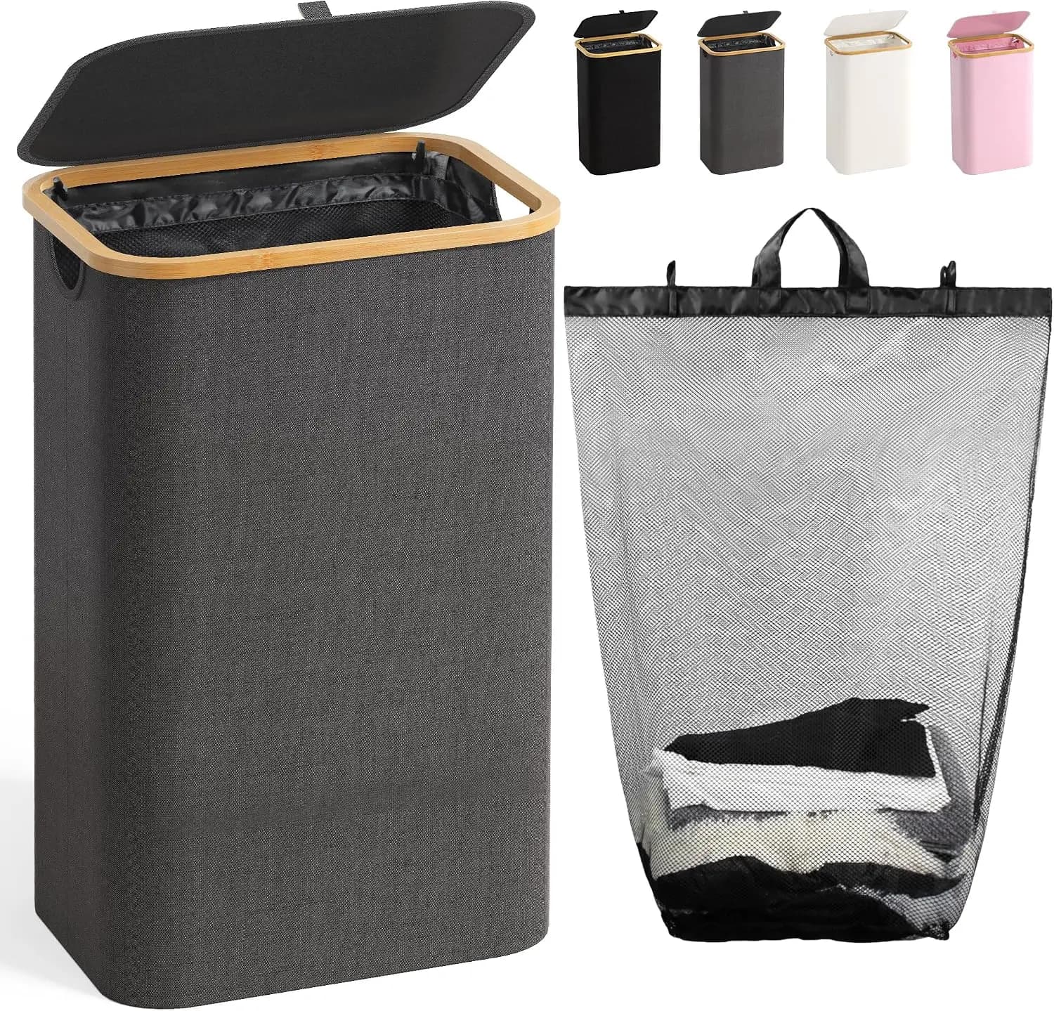 100L Laundry Hamper with Lid, Removable Mesh Bag, Freestanding Bamboo Handle, Grey