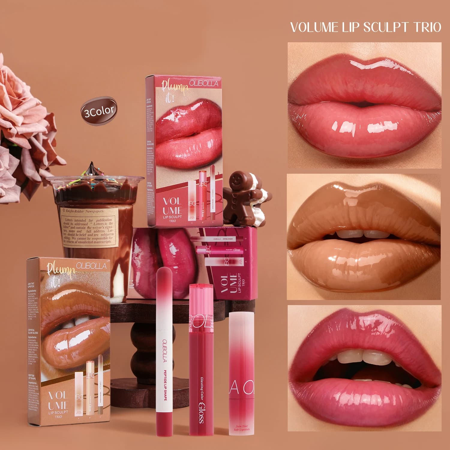 Pack of three Glasting Color Gloss, glossy and dense texture, 3D mirror effect, volumizing effect, limited edition, brilliant, K-Beauty