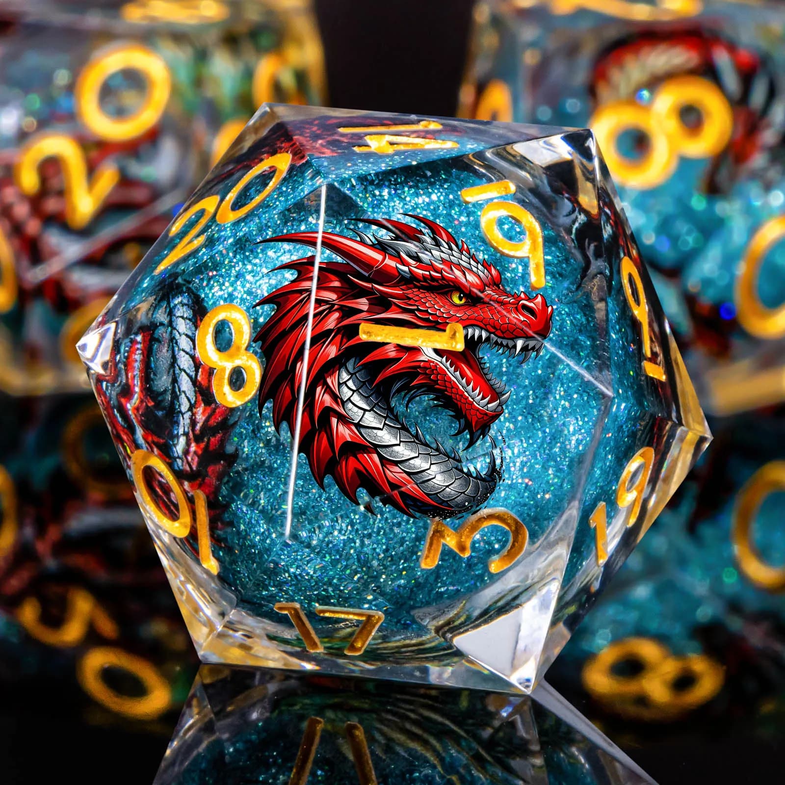 Set di Dadi D&D con Nucleo Liquido, Dadi D&D Drago Rosso a Bordo Affilato, Dadi in Resina per Giochi di Ruolo Dungeon and Dragons D20 D12 D10 D8 D6 D4
