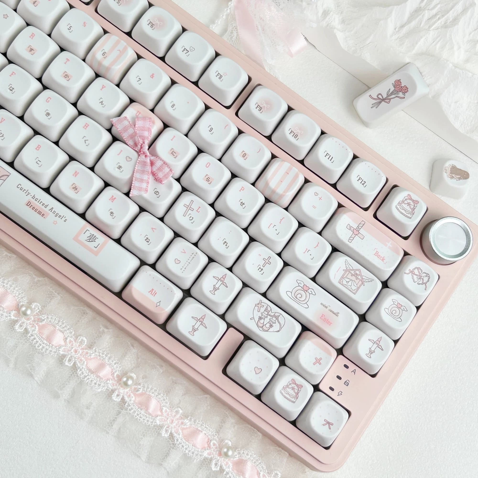 MAIMOOO Pink White Lolita Style Keycaps Russian Korean MOA Cherry Profile Cute Curly-Haired Angel Keycap for Mechanical Keyboard