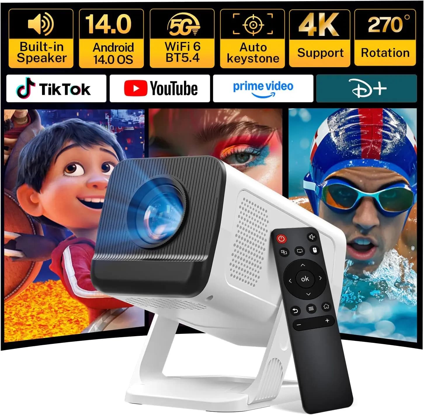 Mini Proiettore WiFi 6 Bluetooth 5.4 Android 14 con Correzione Automatica Keystone, Supporto 1080P 4K, 400 ANSI 270 ° Portatile e girevole per la camera da letto