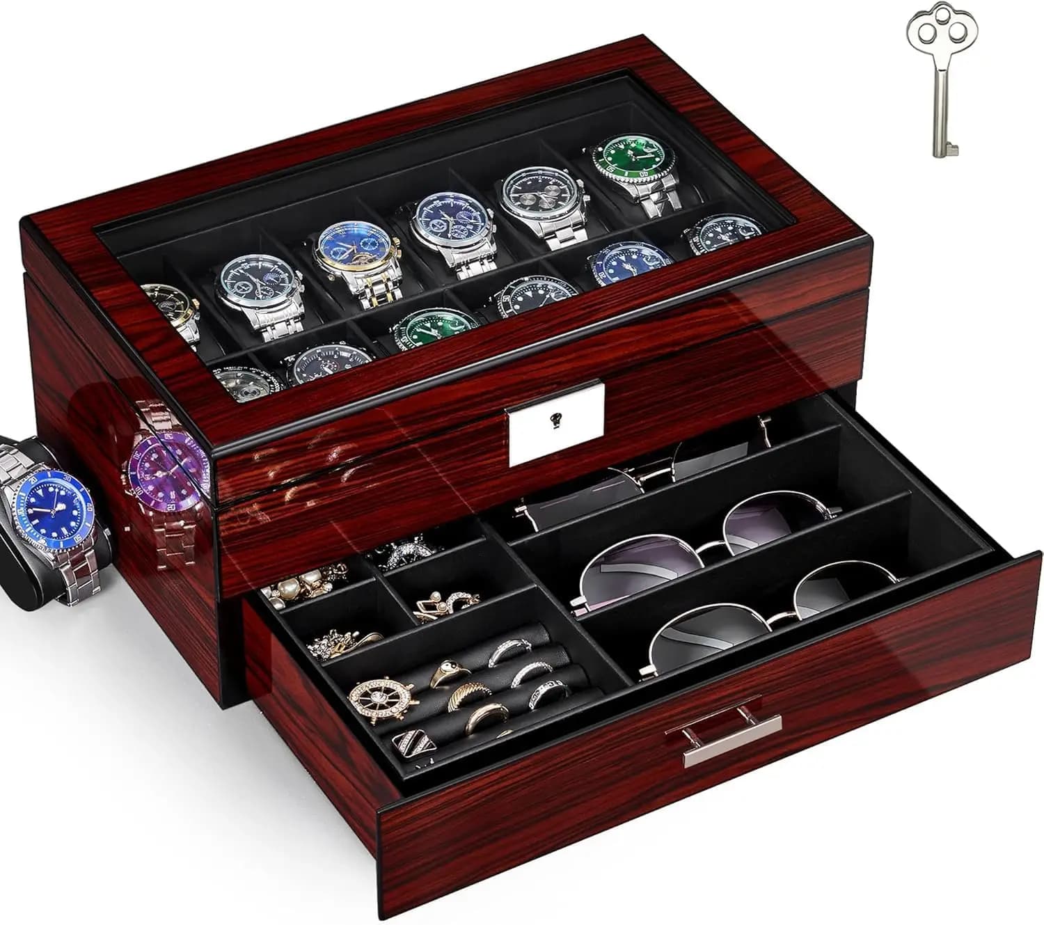 Exhibitor for Watches in Wood 12 Parts with Glass Cover and Lock, 2 Level Jewelry Organizer for Men and Women - Ideal Gift