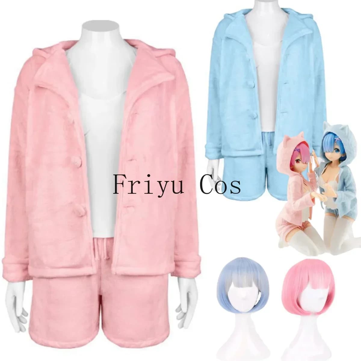 Anime Re:Life In A Different World From Zero Ram Rem Cosplay Costume Wig Plush Cat Ear Pajamas Woman Sexy Kawaii At Home Suit
