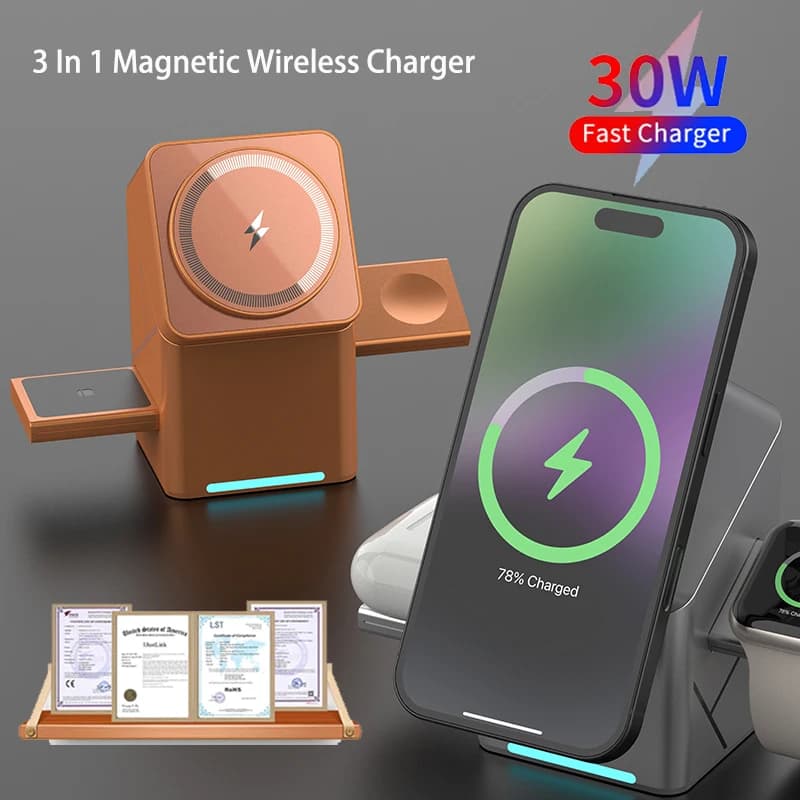 Multifunction touch 30W 3 in 1 Wireless Charger Dock for Samsung Huawei Iphone 17 16 15 14 13 12 Max Iwatch Airpods