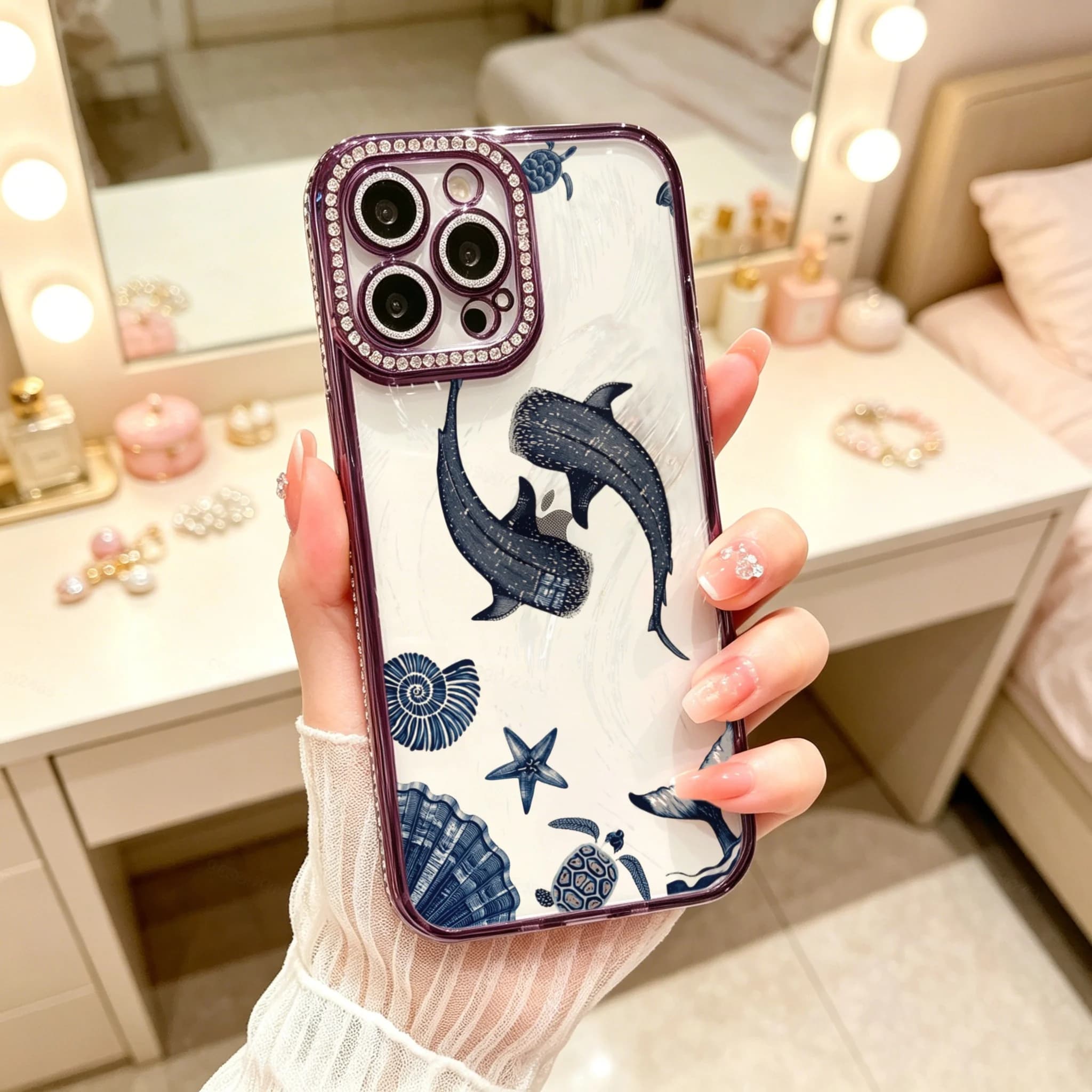 Diamond Electroplated TPU Phone Case for iPhone, Vintage Ocean Style, Blue Whale And Shell Pattern Phone Case With Rhinestone Camera Frame , Luxury Glitter Rhinestone Frame, Built-in Lens Protector, Anti-Slip Shockproof Clear Cover