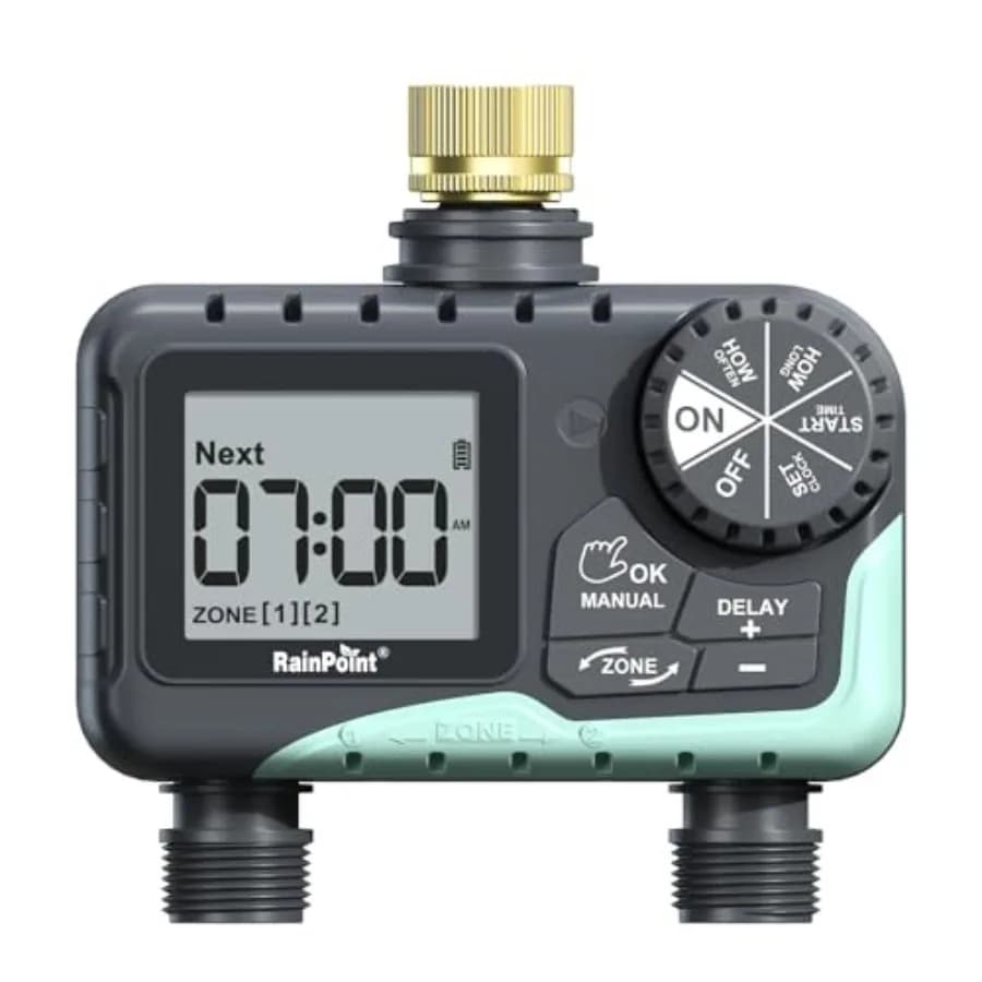 Timer per irrigazione da giardino con attacco girevole in ottone: irrigazione automatica/manuale programmabile con ritardo pioggia, 2 uscite, resistente