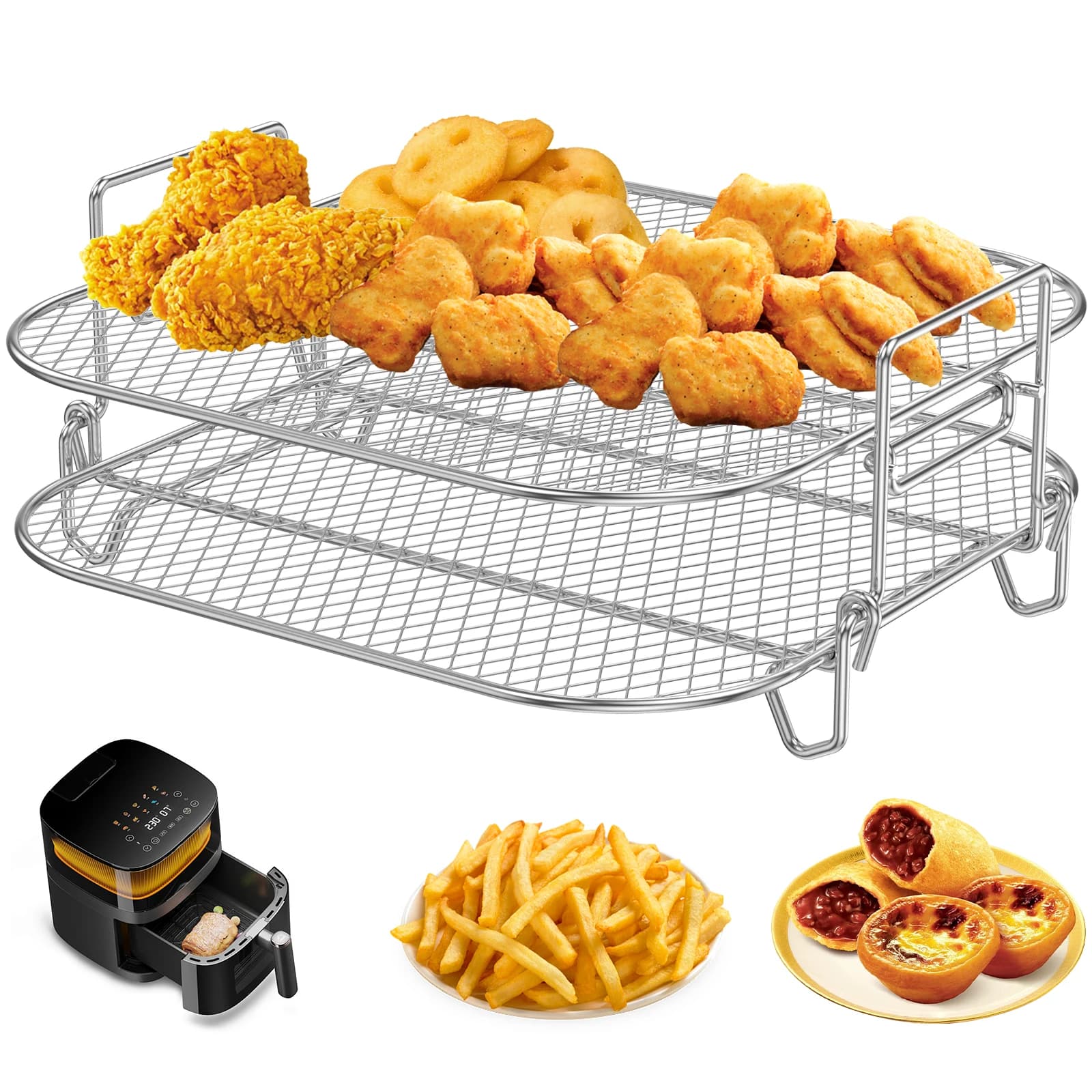 Griglie impilabili per friggitrice ad aria Griglie per spiedini Accessori universali per friggitrice ad aria Supporti per barbecue per carne in acciaio inossidabile per cuocere al forno