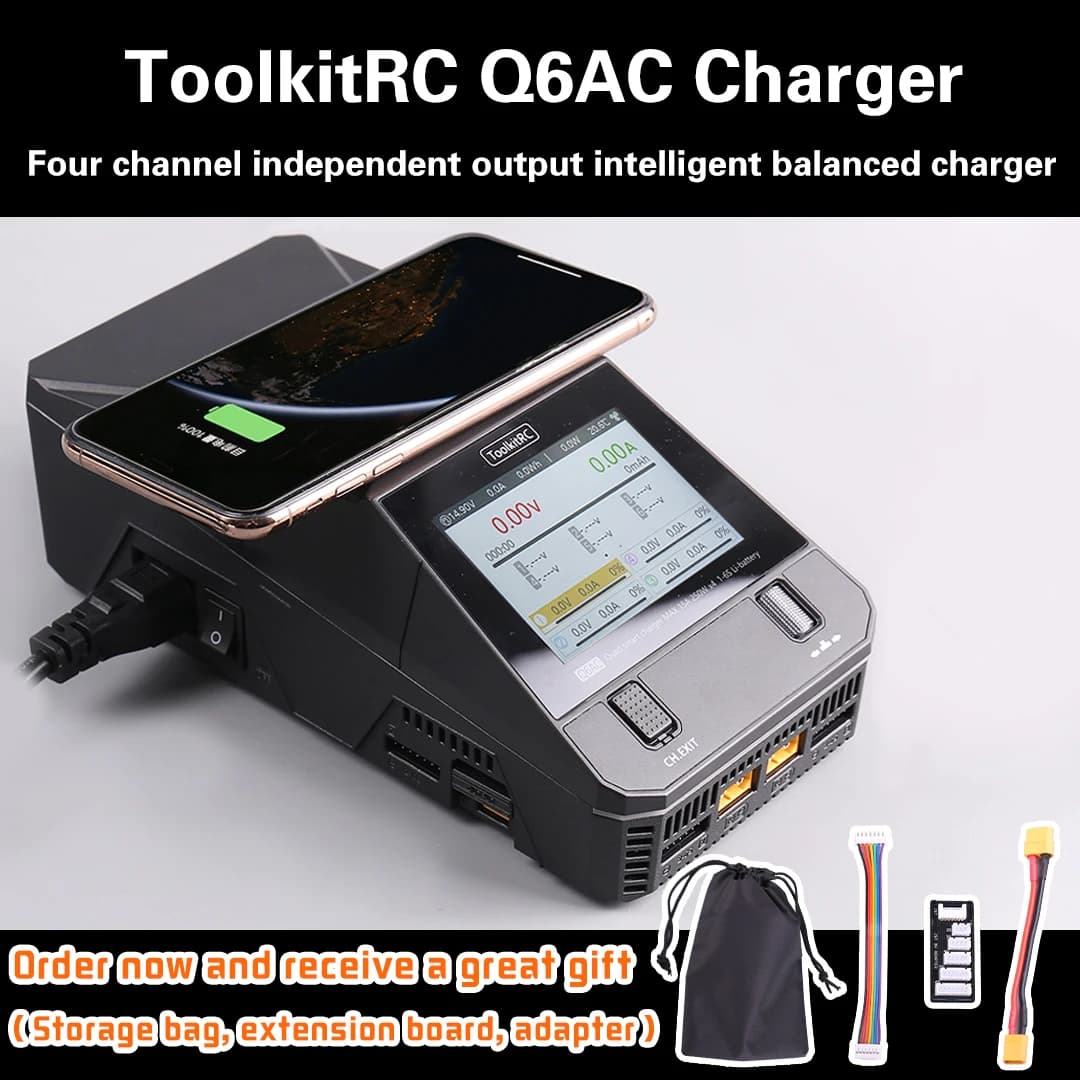 Caricabatterie ToolkitRC Q6AC AC 400W/DC 1000W con 4 uscite, uscita USB A/TYPEC integrata da 65W, per LiPo 1-6S, NiMH 1-16S, PB 1-10S, con display IPS