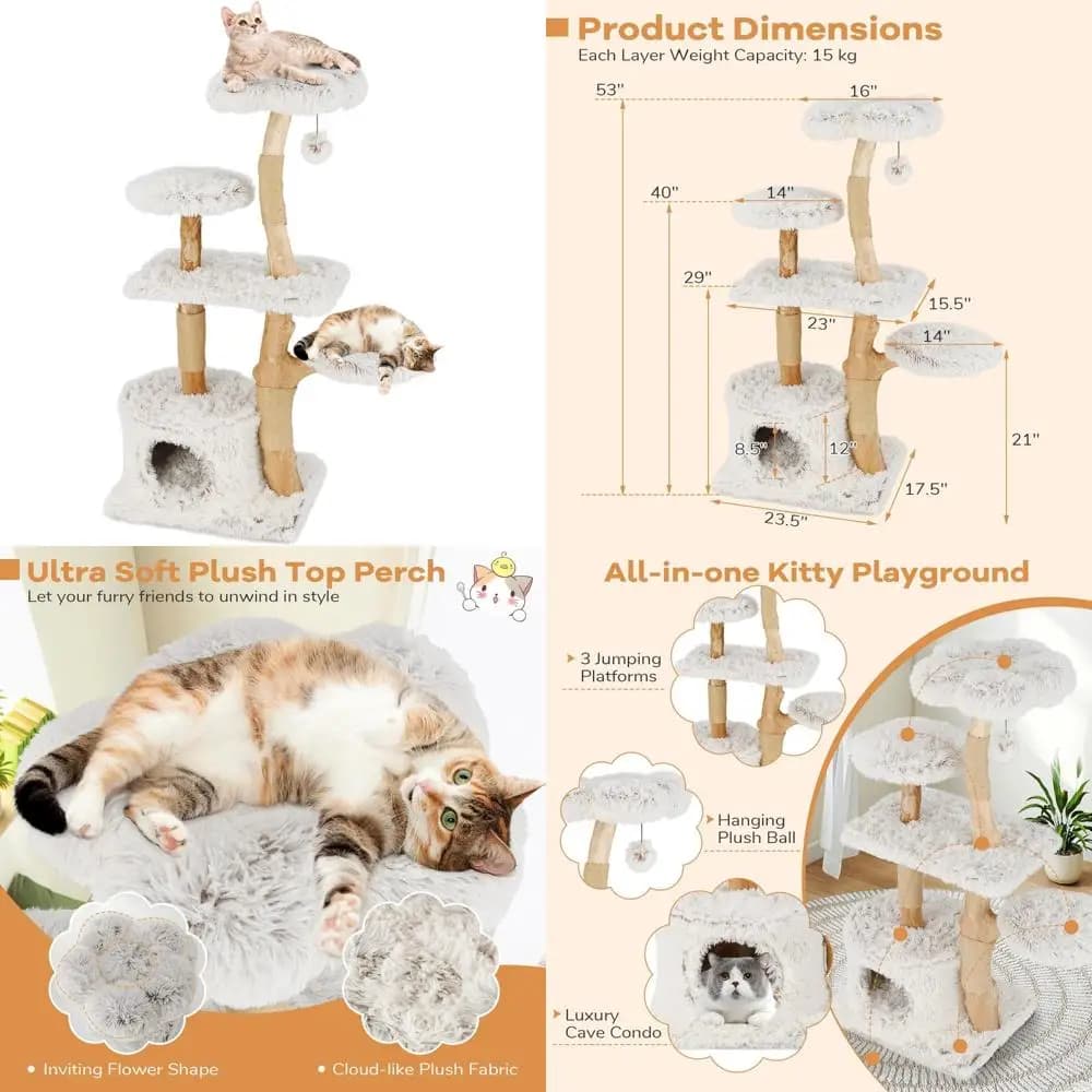 "Elegante albero per gatti da interno da 53 pollici con piattaforme multilivello, tiragraffi e percorsi in peluche"