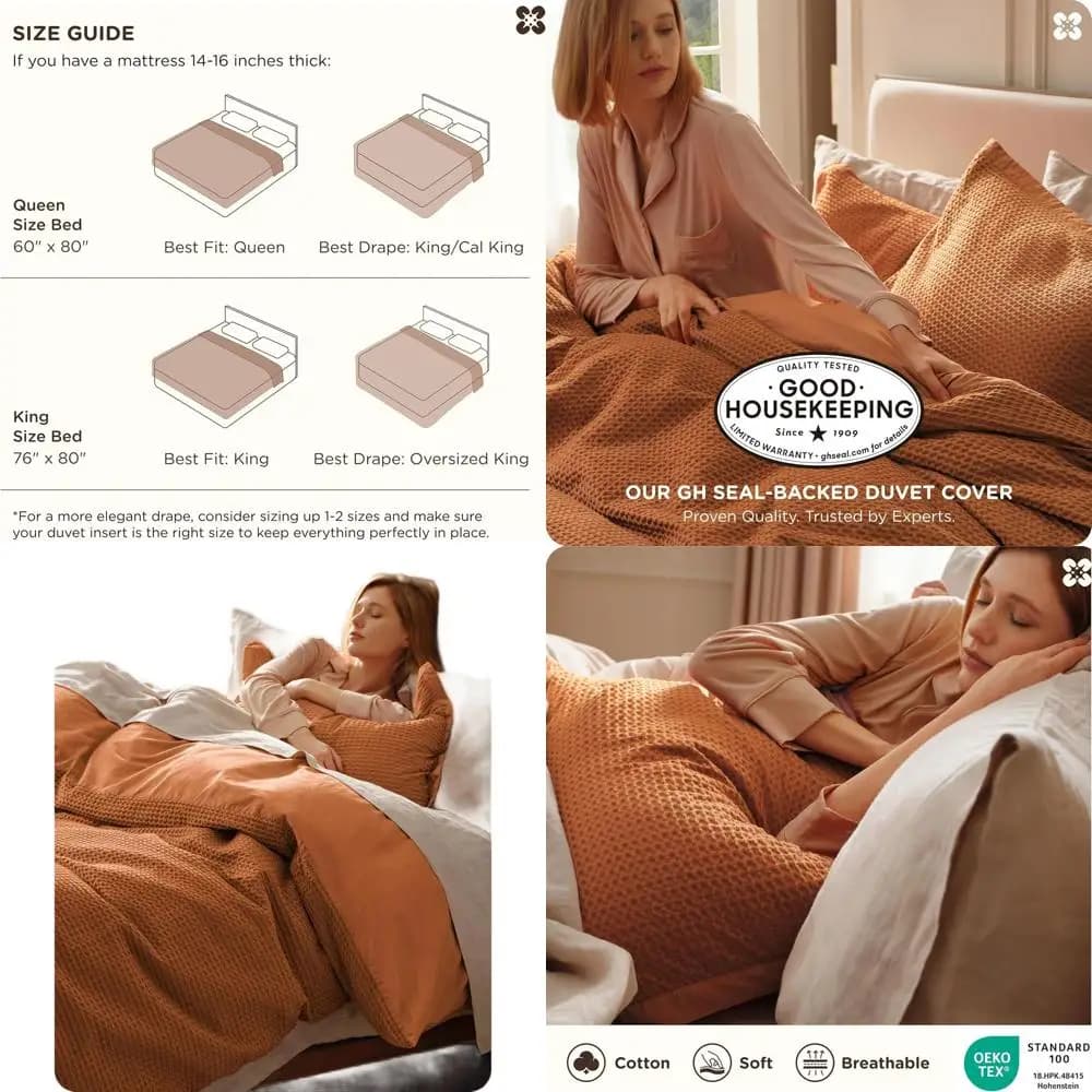 Copripiumino Queen Size in Cotone - 100% Cotone Wale, Terracotta, Set Biancheria da Letto Traspirante 3 Pezzi, Adatto per Tutte le Stagioni, 90x90