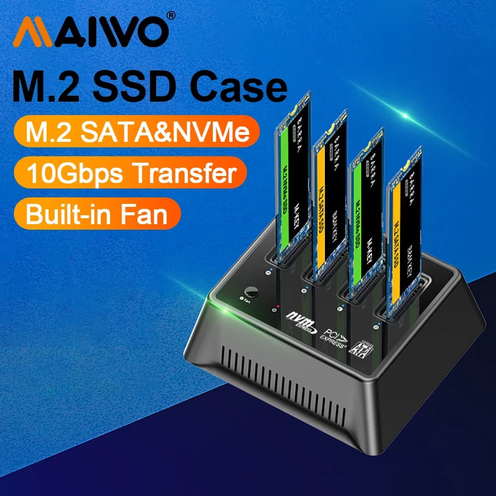 MAIWO M.2 NVMe SATA SSD Enclosure con ventola di raffreddamento 10Gbps USB C Gen2 custodia esterna disco rigido copia 4 Bay Storage Box Copier