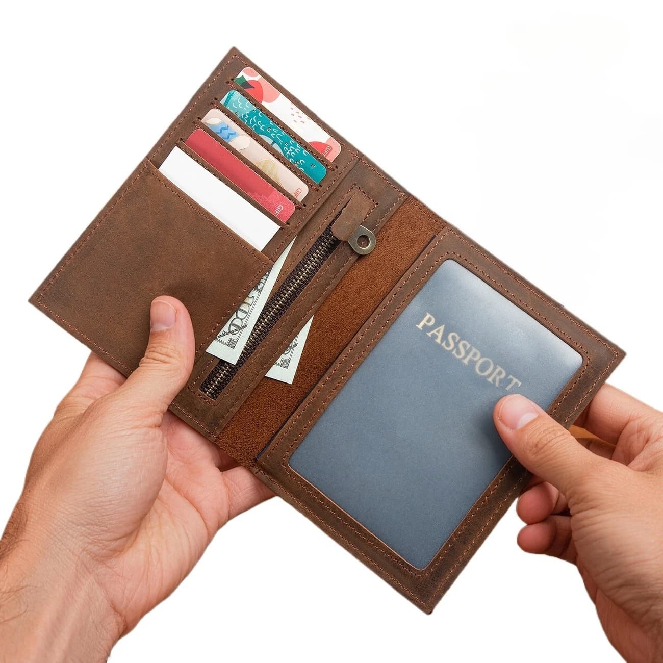 Organizer da Viaggio in Pelle per Passaporto e Carte - Porta Passaporto con Scomparto con Cerniera, Porta Documenti Compatto per Essenziali da Viaggio