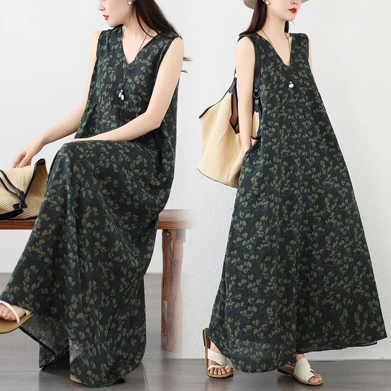 Summer Thin Cotton Floral V-Neck Minimalist Slimming Sleeveless Long Dress Artistic Style Loose Fit A-Line Skirt City Walk