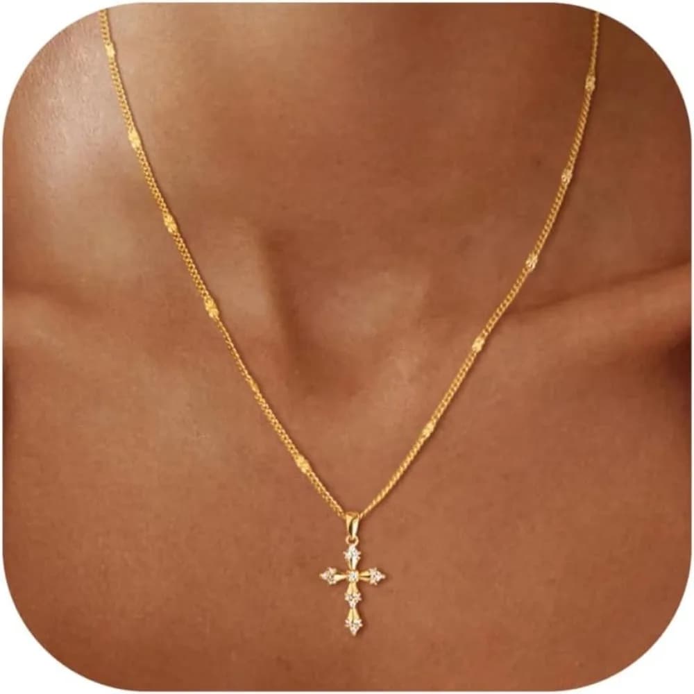 Collana con croce per donna Dainty Collana con ciondolo croce a strati placcata in vero argento placcato oro 14K Stack Semplice girocollo con ciondolo carino alla moda
