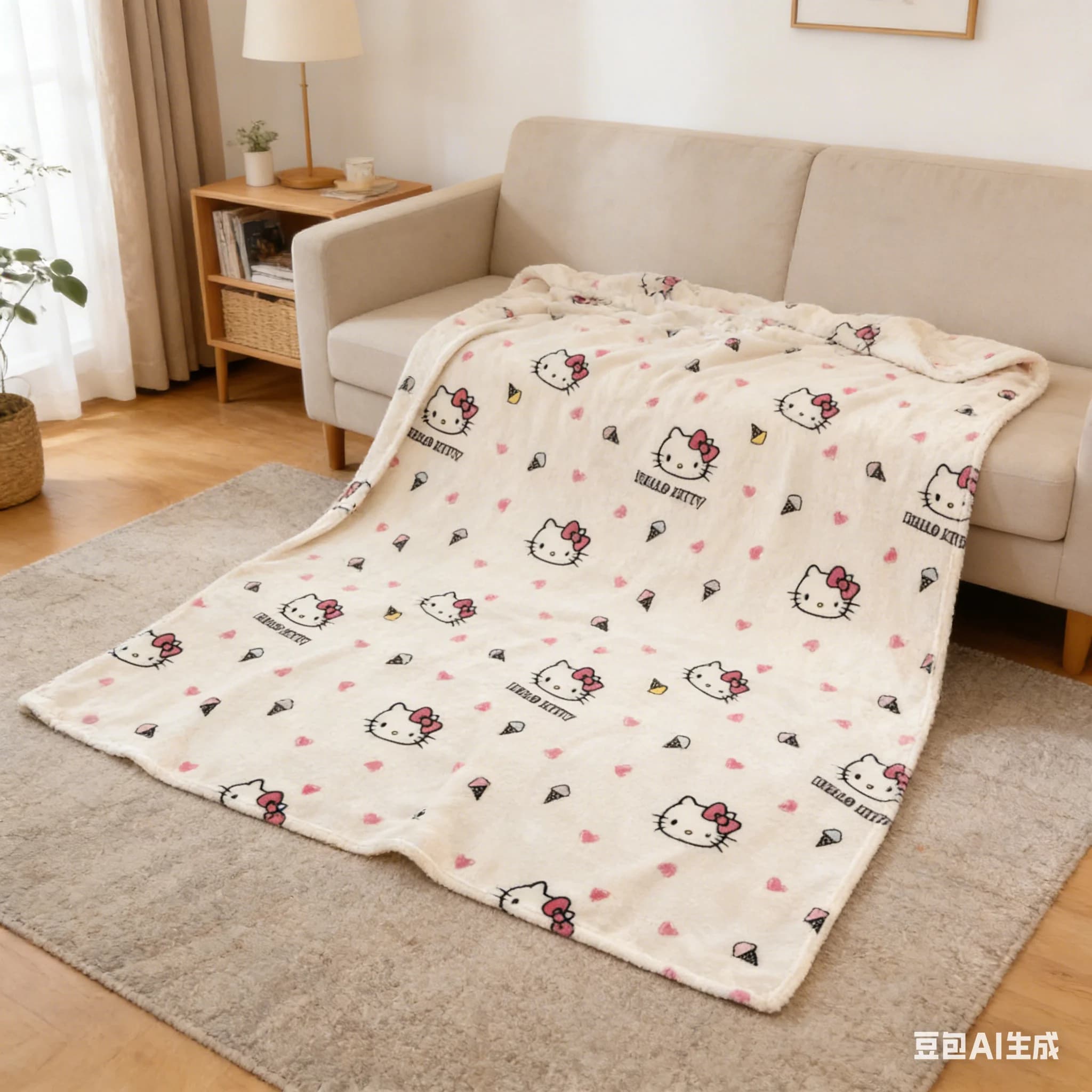 Coperta in flanella Kitty Ice Cream, morbido plaid con stampa di cuori rosa e gatti, decorazione Kawaii Sanrio per camera da letto e cameretta dei bambini