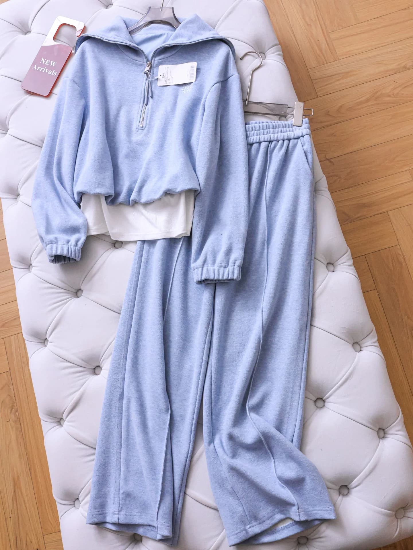 Color Block Long Sleeve Sweatshirt High Waist Wide Leg Pants Sportswear Set Women Casual Spring Outfit Two Piece Ensemble