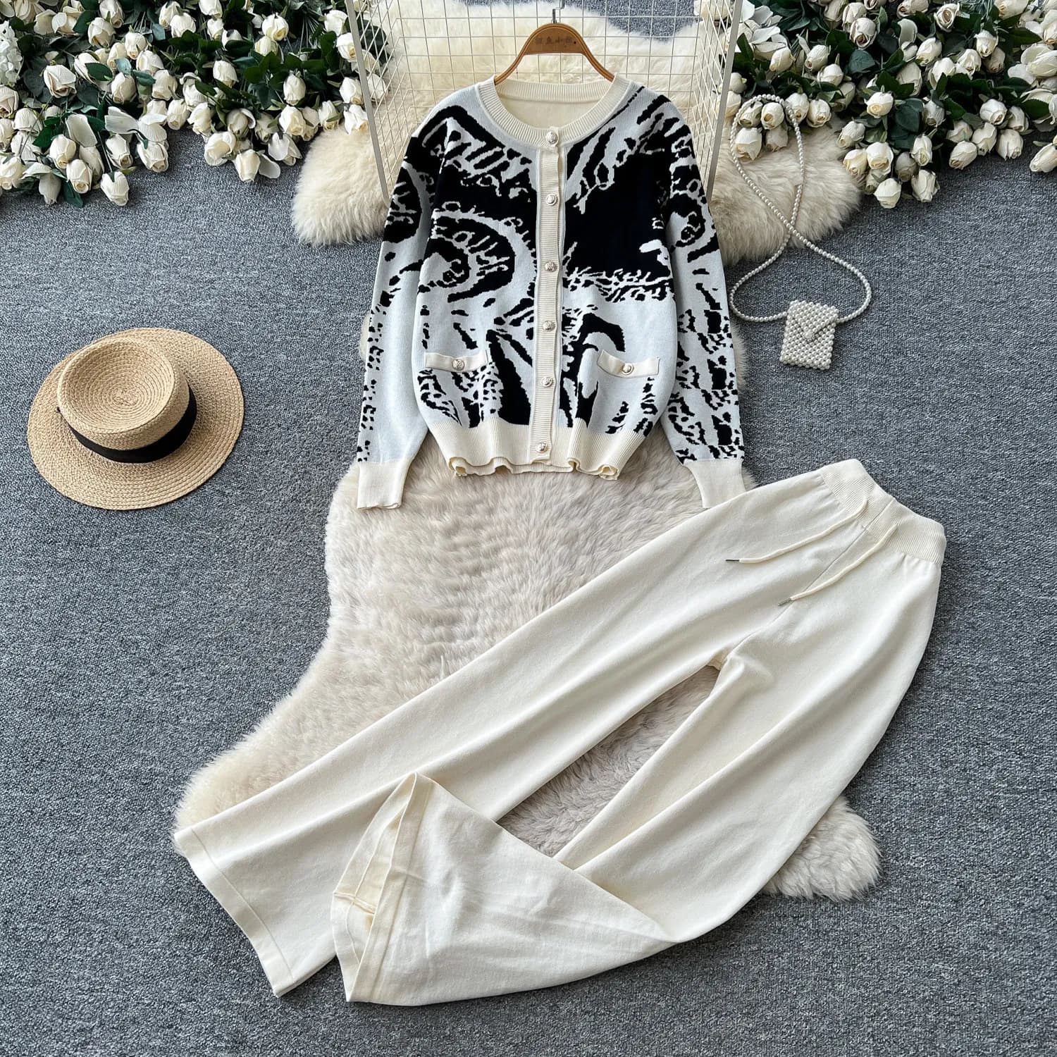 Pant Set Women Two Piece Sets Round Neck Full Sleeve Coat Knit Wide Leg Long Pants Lace Up Elastic Waist Y2k Streetwear Elegant