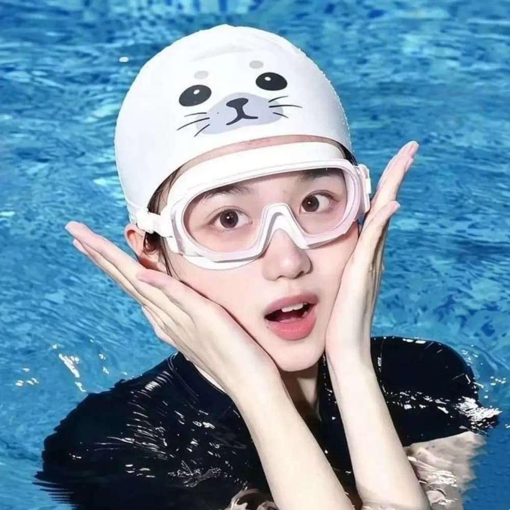 Waterproof Swimming Caps Animal Printed Ear Protection Silicone Swim Caps Comfortable Cartoon Seal Swim Hat Women Girls