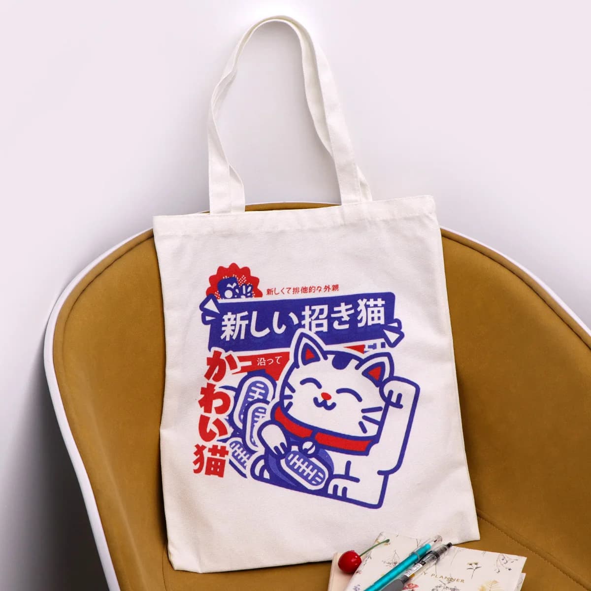 Borsa Tote in Tela con Gatto Giapponese, Borsa per la Spesa, Borsa a Mano da Donna, Borsa a Tracolla Casual Pieghevole, Borsa Scolastica, Regalo