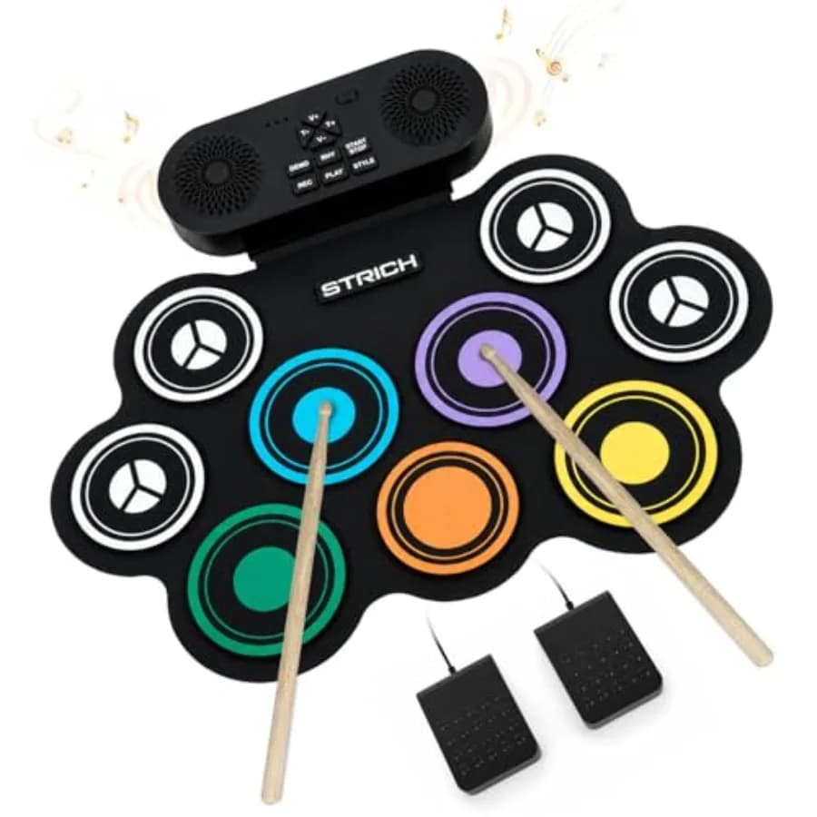 Electric Drum Set, 9-Pad Roll Up Portable Practice Electronic Drum Kit with Built-in Speaker, Drum Pedals and Sticks, 10 Hours