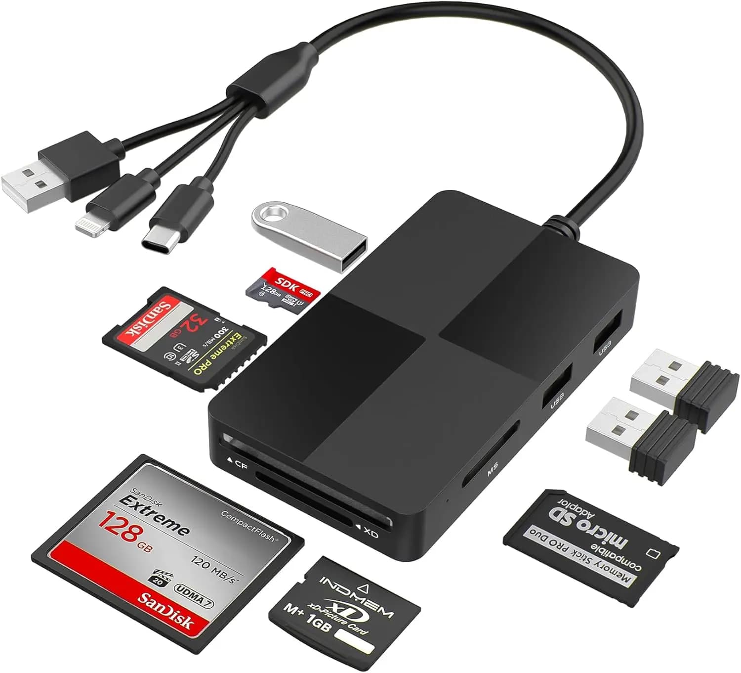 Lettore di Schede di Memoria 8-in-1 con 3 Porte USB per iPhone/Android/PC/Mac, Supporta Schede SD/TF/MS/CF/XD e Trasferimento OTG