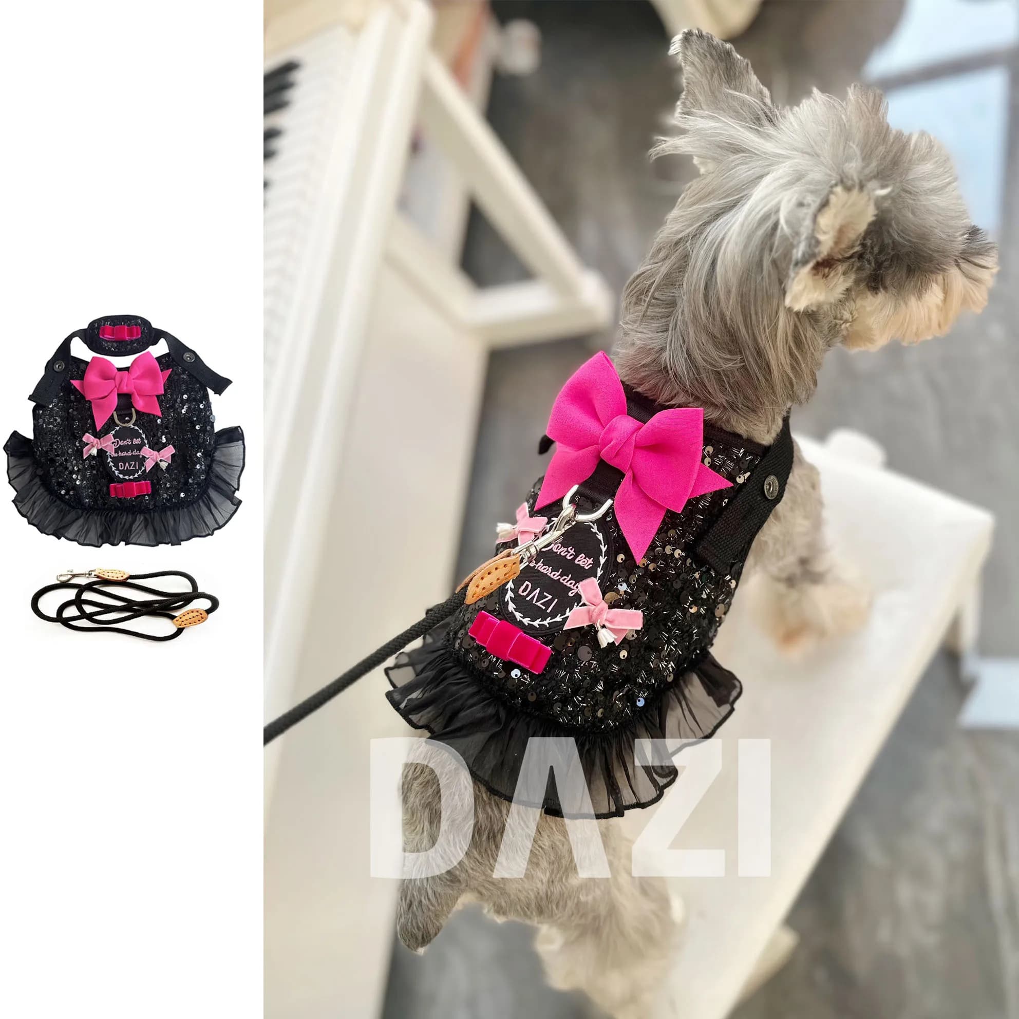 Set di guinzagli per cani di lusso Abito da principessa nero con cinturino pettorale in pizzo bowknot Corda di piombo per passeggiate per cuccioli per Schnauzer maltese