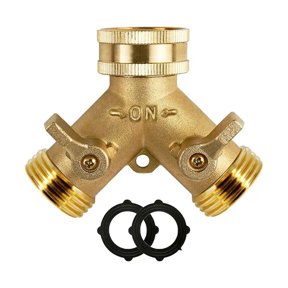 2-way brass Y connector for 3/4 inch garden hose, for external tap