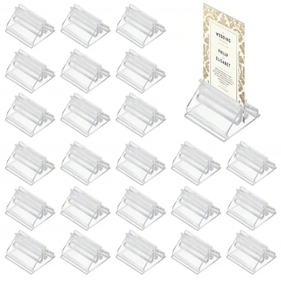 24 pezzi Porta carte Plastis Place Porta carte segnaposto per tavolo da matrimonio Supporti per cartelli da tavolo in acrilico per promemoria di nozze Immagini Display
